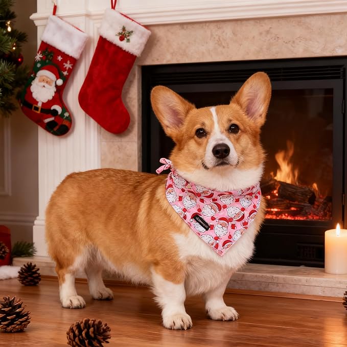 ARING PET Christmas Dog Bandanas, Pink Santa Claus Holiday Pet Bandana Scarf Triangle Bibs for Puppy Small Medium Large Boy Girl Dogs Cats-L