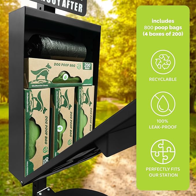 Hands-Free Dog Waste Station Outdoor with Pedal - Dog Waste Disposal System for Park & Trails - Rust Proof Doggie Station - Night Glowing Sign | 800 Pet Waste Bags & 100 Can Liners (Black)