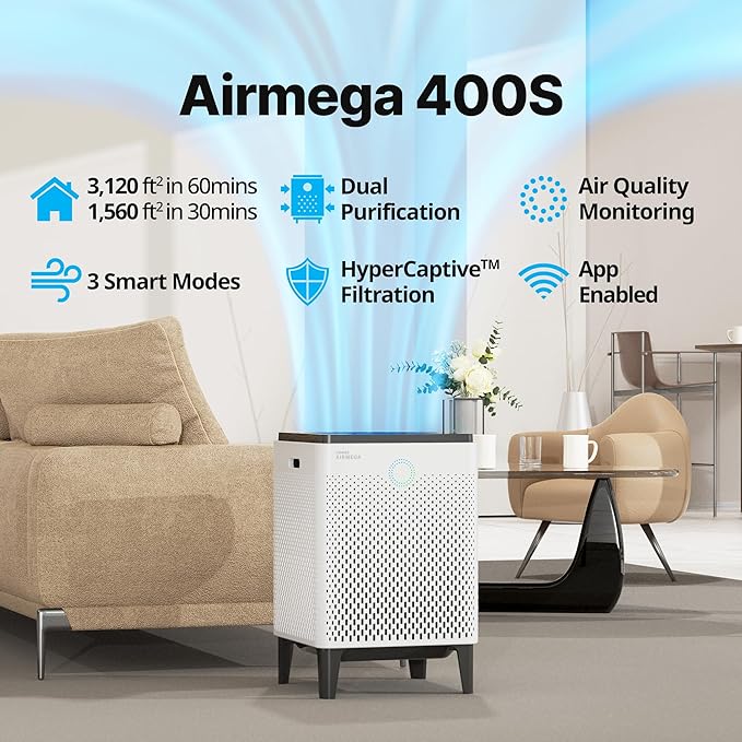 Coway Airmega 400S App-Enabled Smart Air Purifier (Covers 1,560 sq. ft.), True HEPA Air Purifier with Smart Technology, Compatible with Amazon Alexa and Google Home, White (111012)
