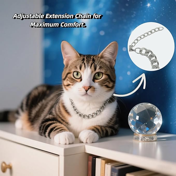 Silver Cat Chain Collar,Adjustable Cuban Link Necklace for Cats, Lightweight & Durable Metal Pet Gift, Stylish Decorative Accessory (Silver, M)