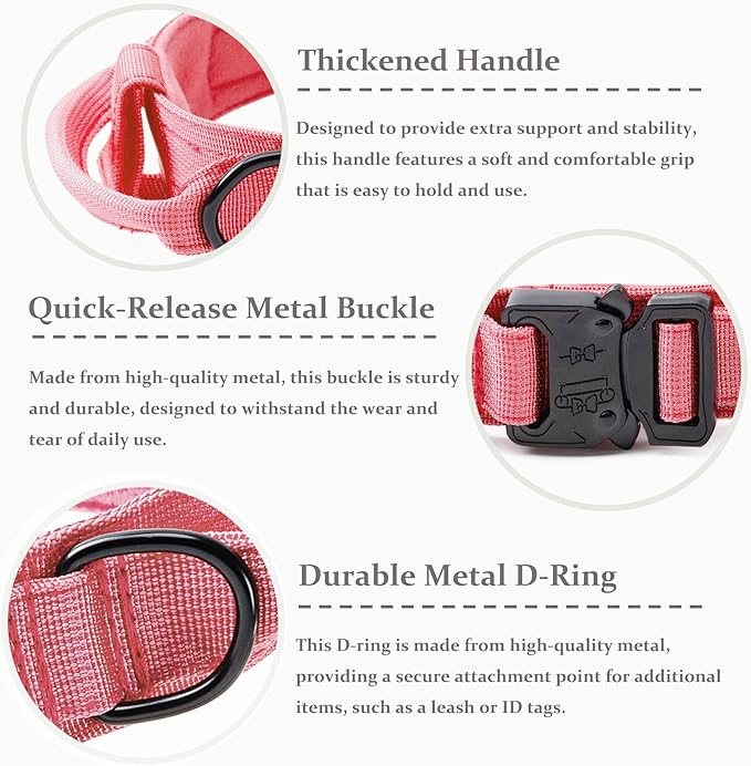 Tactical Dog Collar, Adjustable Military Training Nylon Dog Collar with Control Handle and Heavy Quick-Release Metal Buckle for Small Medium Large Dogs, Light Pink S