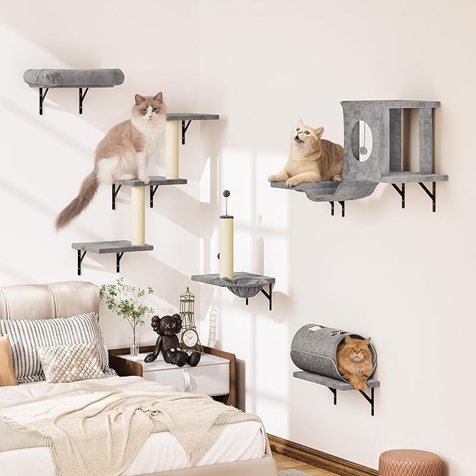 NUNU LAB 7-in-1 Wall Mounted Cat Climber Set, Cat Wall Furniture Set with House, Bridge, Steps, Scratcher Post, DIY Playground, Cat Wall Shelves - Gray