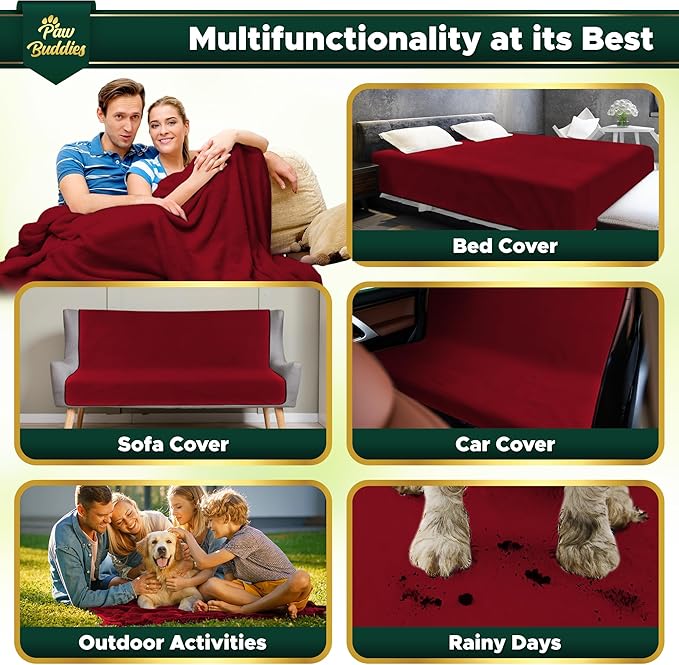 Paw Buddies Waterproof Blanket 80"x90" – Reversible Microfleece Throw for Couples, Pets & Family – Leakproof, Machine Washable Bed & Sofa Protector for Home or Travel