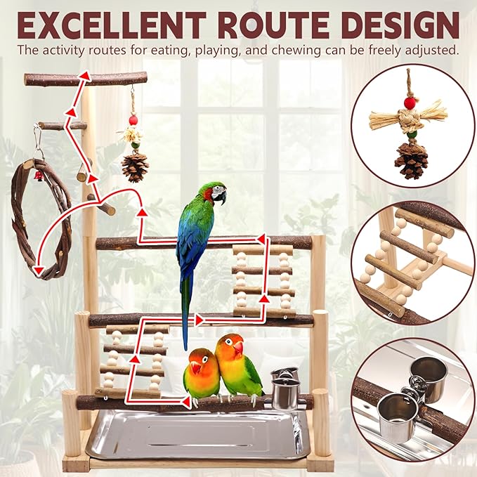 ‌Bird Playground, Natural Wooden Parrot Stand with Feeding Cups, Swing, Chew Toys, and Other Cage Accessories for Small to Medium Birds.Ideal for Cockatiels, Budgies, African Greys, and Conures