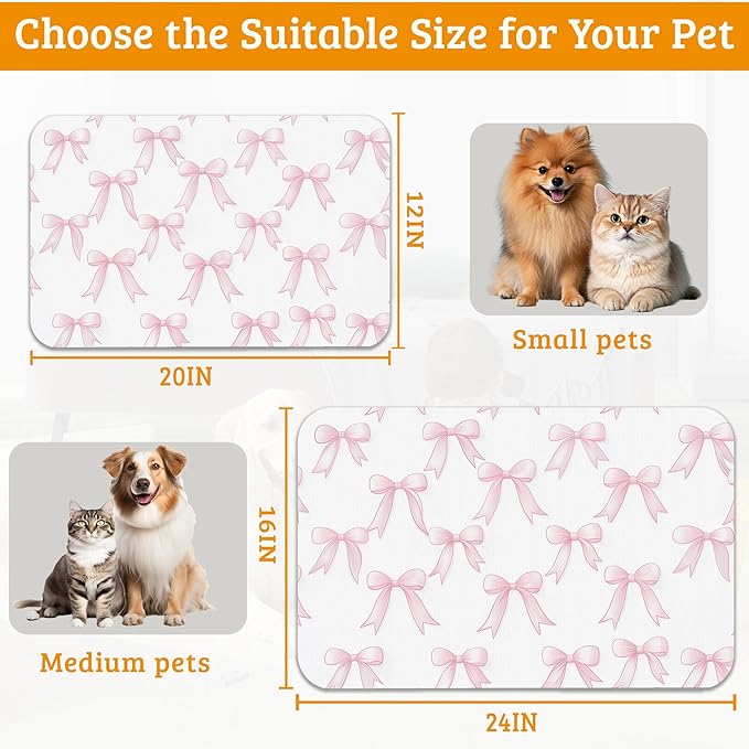 Pet Feeding Mat,Pink Bows Absorbent Dog Cat Food Mat Cute Dog Mat with Rubber Backing,Non-Slip Water Bowl Placemat,Pet Supplies 12" x 20"