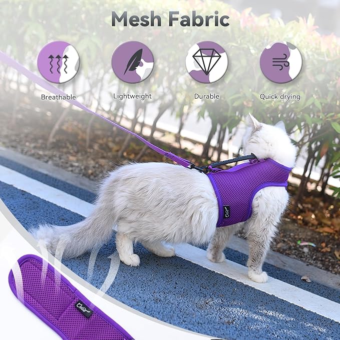 Cat Harness and Leash for Walking Escape Proof Breathable Mesh Fabric, Purple, Extra Large, Adjustable Cat Walking Jackets with Handle, Padded Stylish Cat Vest