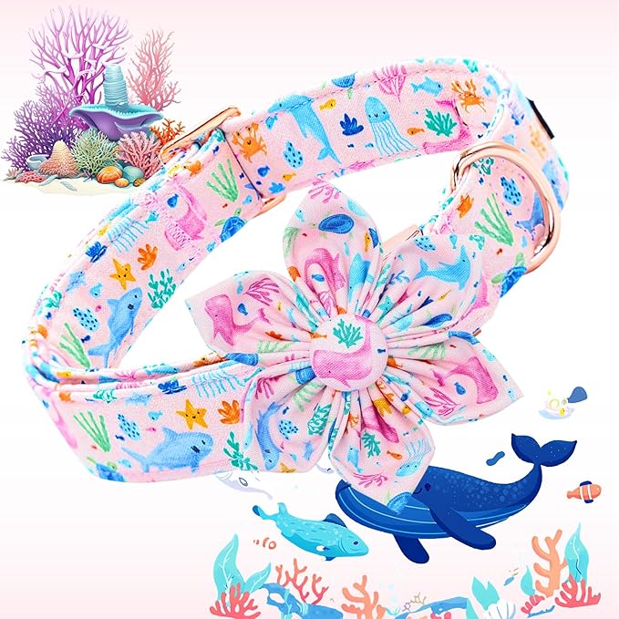 Lionheart glory Dog Collar Flower Collar Pink Dog Collars with Flower Summer Cute Sea Animals Print Collar Dog Female Soft Durable Adjustable Dog Collars for Medium Dogs