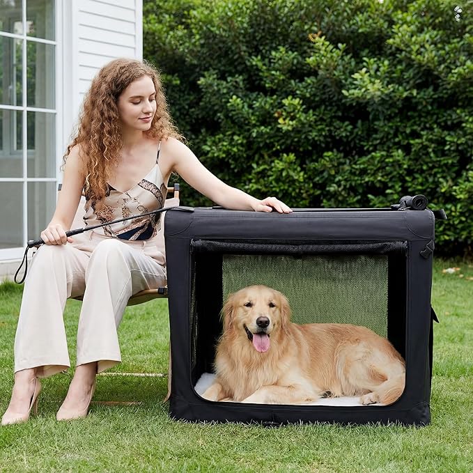 Dog Travel Crate 24 Inch, Portable Soft-Sided Travel Carriers for Dogs and Cats, Foldable Pet Kennel with 3-Doors Mesh Windows Indoor & Outdoor, Black