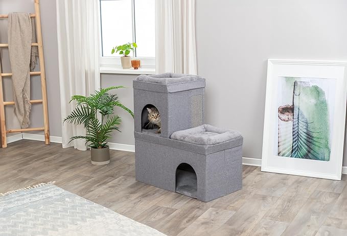 TRIXIE Double Crazy Cube Stackable Cat Condo with Sisal Scratching Surface & Reversible Plush Cushions, Tool-Free Assembly, Collapsible Modular Indoor Cat Furniture for Home Use, Supports up to 35 lbs