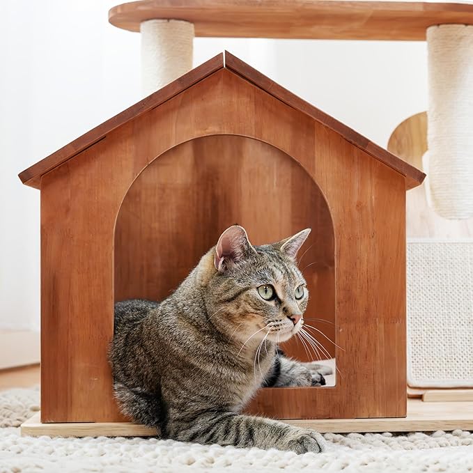 Kitty City Wooden Cat Tower with Hideaway House & Scratching Pad, Modern Two-Level Indoor Cat Furniture with Removable Sherpa Cushion