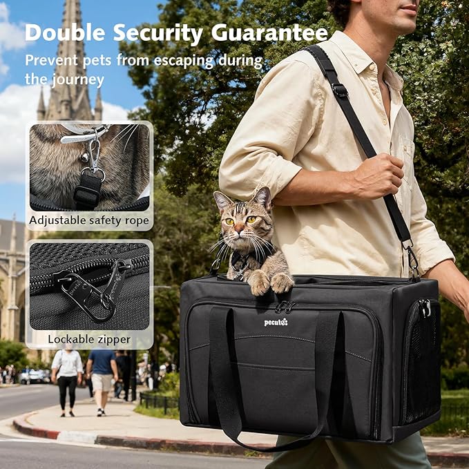 Pecute Cat Carrier Expandable, Stable Pet Carrier with 5mm Thick Steel Wire Frame, Dual-Side 200% Larger Space, Car Travel Carrier with Locking Zippers & Belt, Foldable for Storage, Dark Gray