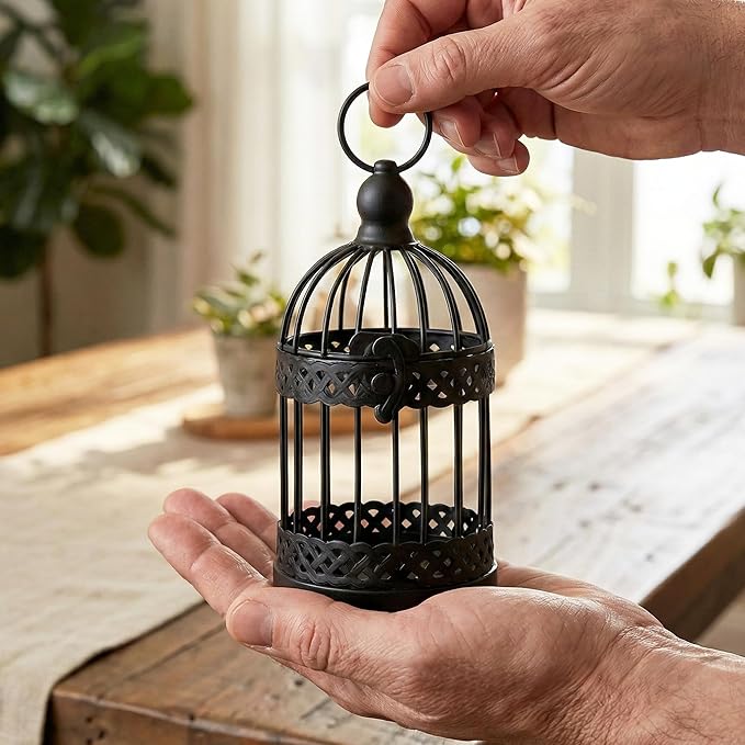 VELA LANTERNS 6" Birdcage Decor Candle Holder Lantern Decorative Table Centerpiece Halloween Decorations, Black, Small, Set of 4