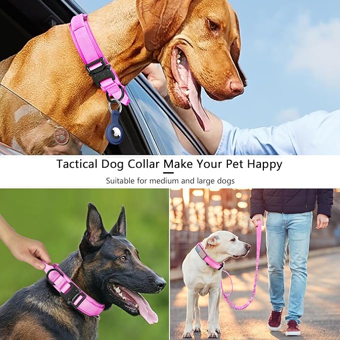 DAGANXI Tactical Dog Collar, Adjustable Military Training Nylon Dog Collar with Control Handle and Heavy Metal Buckle for Medium and Large Dogs, with Patches and Airtags Case (M, Pink-Set)