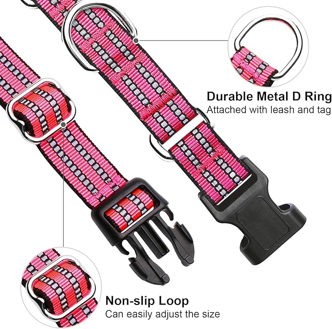 Martingale Dog Collar, Adjustable Nylon Reflective Collar with Quick Release Buckle (Hot Pink, Large)