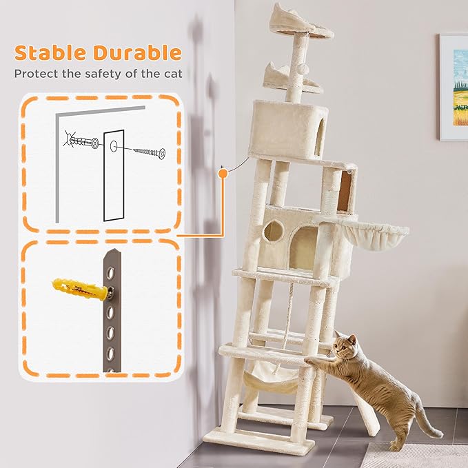 Yaheetech Cat Tree, 82.5in Large Tower w/Hammock, 2 Kitty-Ear Perches, 2 Cozy Condos, Scratching Posts, Basket, Furniture for Large Cats, Kittens, Beige