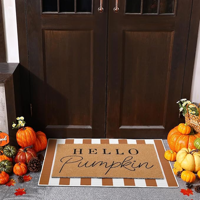 Tinideya 2 Pcs Fall Door Mat Thanksgiving Hello Pumpkin Welcome Non Slip Coir Mats White Orange Buffalo Plaid Floor Layering Doormats Seasonal for Front Porch Entryway Decor(Orange White)
