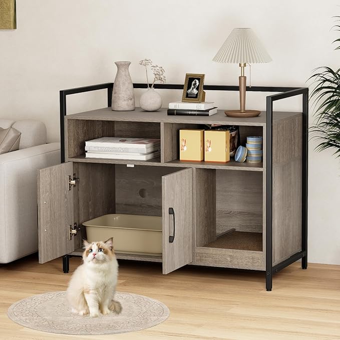 Giantex Cat Litter Box Enclosure - Cat Washroom Hidden Furniture with Front Entry, Scratcher, 2-Door Storage Cabinet, 2 Compartments, Air Vents, Metal Frame, Wooden Pet Crate House (Oak Gray)