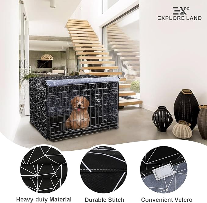 Explore Land Pattern Dog Crate Cover for 24 Inches Wire Cage, Heavy-Duty Polyester 1 2 3 Doors Standard Metal Pet Kennel Enclosure (Brief Polygonal)