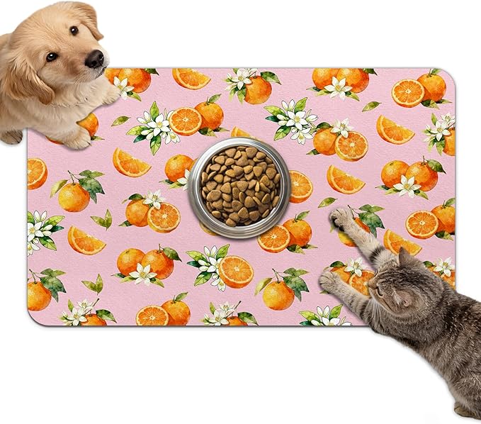 Dog Food Mat for Bowls, Absorbent Quick Dry Dog Cat Mats for Food and Water, Non-Slip Backing Pet Mat Pet Supplies - Orange Pattern