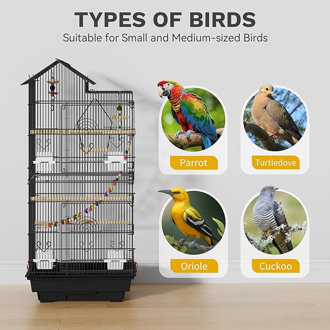 DWVO 62-inch Metal Bird Cage: Bird Cage Spacious for Cockatiels, Parrots, Pigeons, Lovebirds, Features Roof Access and Rolling Stand Black
