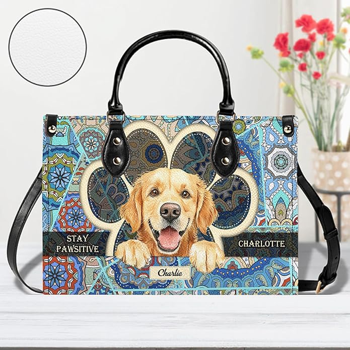 Personalized Pet Mom Leather Handbag – Custom Name Dog Cat Photo Purse, Pet Lover Gifts for Women, Christmas