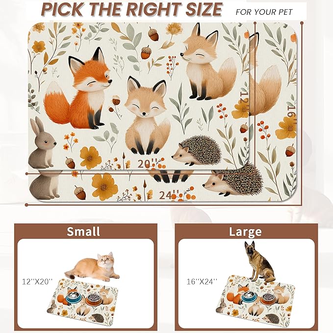 Fox Hedgehog Rabbit Forest Dog Cat Food Mat,Absorbent Pet Feeding Mat with Rubber Backing,Non-Slip Water Bowl Placemat,Indoor Pet Accessories Supplies 12"x20"