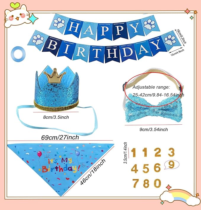 Happy Birthday Dog Party Supplies Kit - Dog Party Hat, Bandana, Bowtie & Happy Birthday Banner Decorations for Small Dogs, Puppy Birthday Outfit Accessories & Pet Birthday Party Decor (Blue 2)