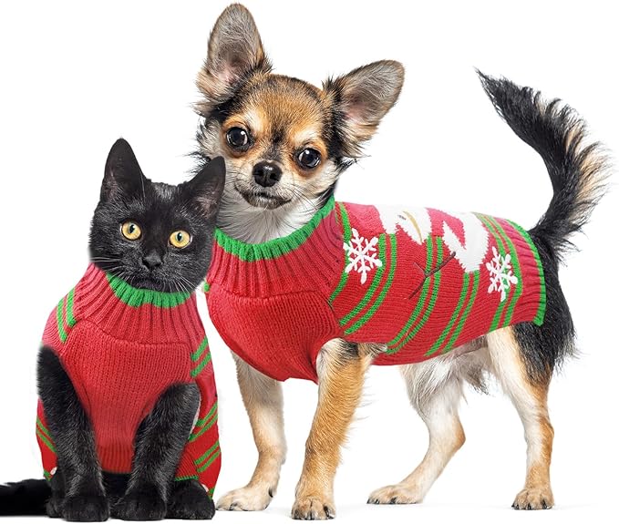 Dog Christmas Sweater Cute Snowman Puppy Cat Costume Boy Girls Xmas Holiday Pet Clothes New Year Outfits Gifts for Small Medium Large Dogs (XS, Red Green Stripe Snowman)