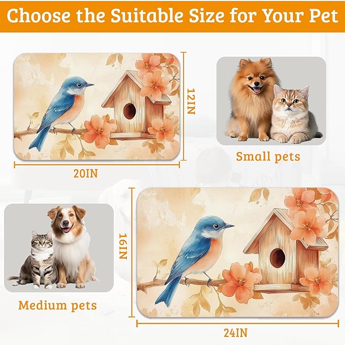 Dog Bowl Mat,Blue Bird Pet Feeding Mat for Floors Waterproof,Fall Leaves Absorbent Dogs Placemat for Food and Water Quick Dry Pet Cat Feeding Mats with Non Slip Bottom 16" x 24"