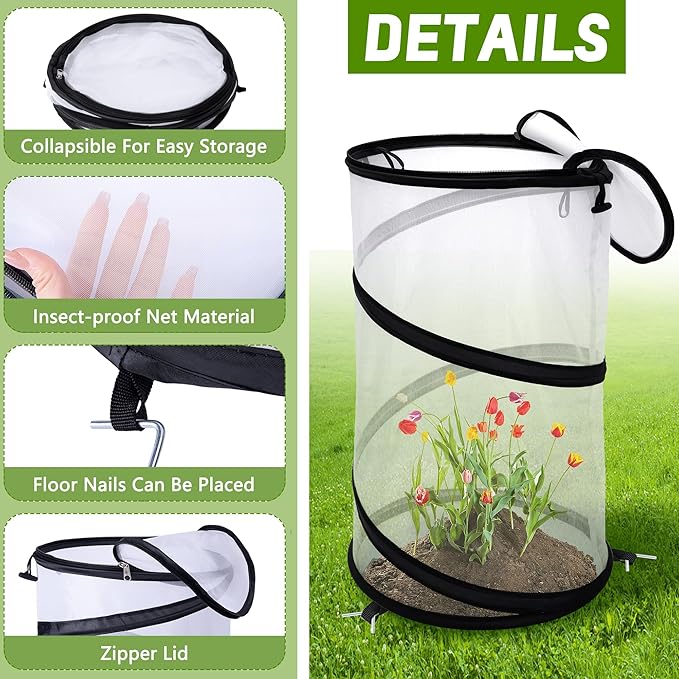 4 Pcs Pop Up Insect Barrier Plant Cover Net, 19.6" x 11.8" Round Foldable Plant Protectors Mesh Plant Enclosure, Garden Net Cage Guard Cover with Stakes & Carry Bag for Protect Plants from Bird Insect