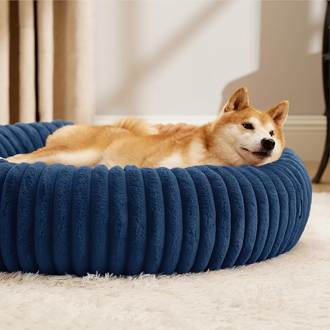 Bedsure ComfyFleece™ Donut Large Dog Bed - Washable Faux Fur, Corduroy Fleece & Anti Slip Bottom, Round Pet Beds with Removable Cover, Night Blue, 36x36x8 inches