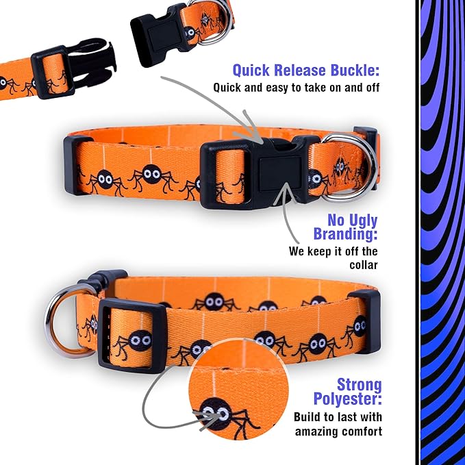 Native Pup Halloween Dog Collar- Spooky Fall Themed Horror Costume Collars- Skull, Pumpkin, Ghost, Bat, Witch, Candy Corn, Spider- Adjustable for Small, Medium, Large Breeds (Small, Spiders)