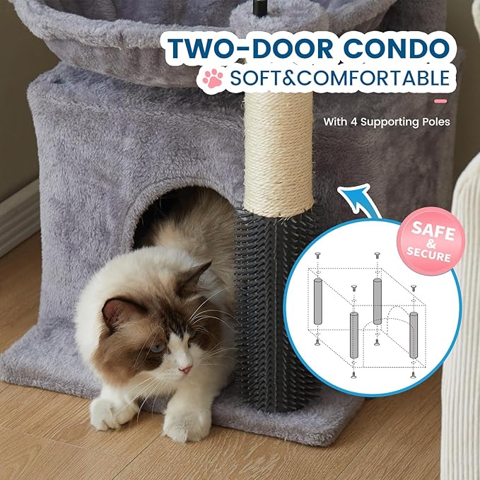Cat Tree for Indoor Cats, 32 Inch Tall Cat Tower with Hammock, 2 Condos, Plush Perch & Sisal Scratching Posts, Multi-Level Kitten Activity Center for Small Medium Cats, Grey