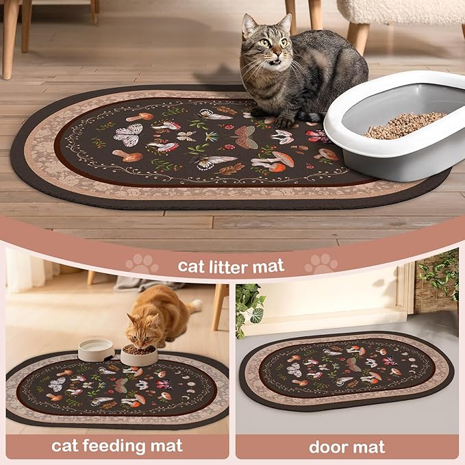 Bienbee Cat Litter Mat, 24" x 15" Litter Box Mat Rug with Non-Slip Bottom,Urine and Water Proof, Easy to Clean Cat Supplies Essentials for Indoor Kitty Kitten Floor, Brown Mushrooms M