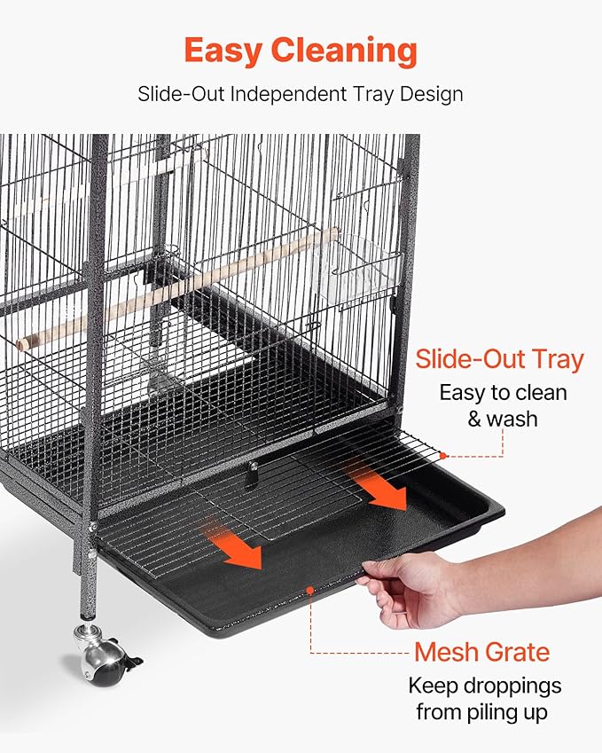 VEVOR Bird Cage, 18 x 18 x 30 inch, Open Flat Top, Wrought Iron Bird Flight Cage with Perches, Slide-Out Tray and Plastic Feeders, Casters, for Parrot, Blue Tit, Cockatiel, Canary, Budgerigar, Conure