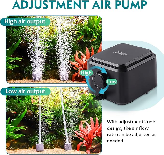 hygger Quiet <30dB Aquarium Air Pump, Adjustable Low Decibel Oxygen Fish Tank Pump 2 Air Outlets Ultra Silent Powerful Aerator Pump with Accessories Max 80GPH/160GPH/255GPH(3.5W,Up to 120Gallon)