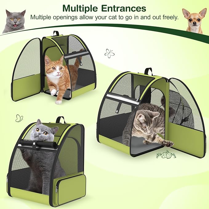 Cat Backpack Carrier for Travel Hiking: Expandable Foldable Breathable Mesh Soft Sided Ergonomic Design Small Dog Puppy Kitty up to 15lbs Camping Outdoor Green