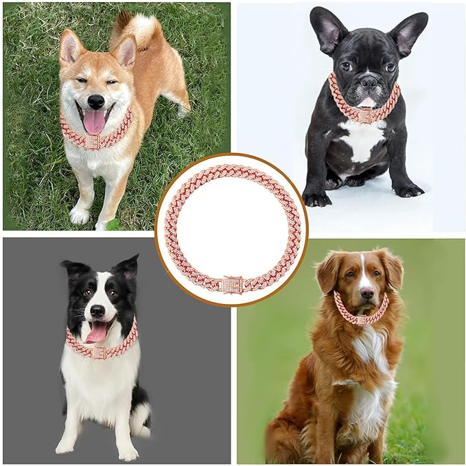 Cuban Link Dog Chain Collar Rose Gold Crystal Dog Necklace Metal with Design Secure Buckle Pet Collar Jewelry Accessories for Small Medium Large Dogs Cats(Rose Glod 24inch)
