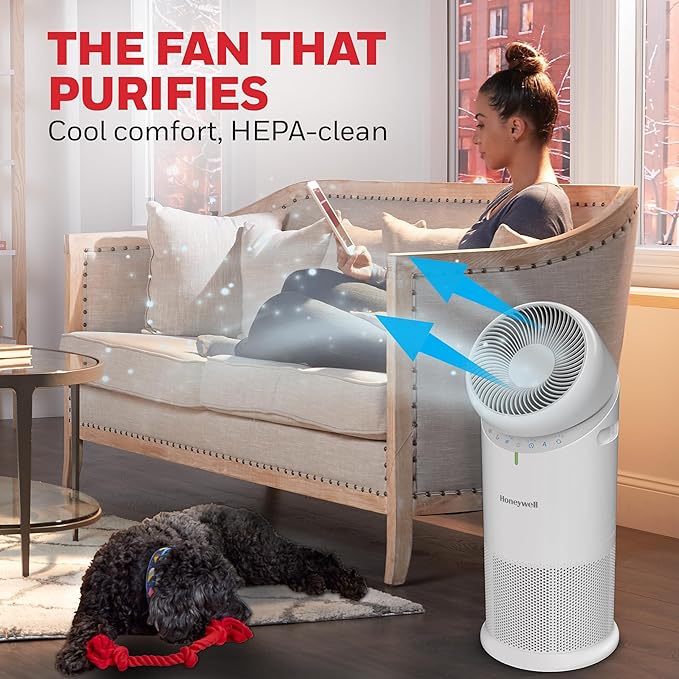 Honeywell Allergen Plus™ 3-in-1 HEPA Air Purifier for Home, Fan & Adjustable Airflow for Large Rooms up to 1928 Ft², Air Quality Sensor, Reduces Allergens, Pet Dander & Odors, HPA6000, White