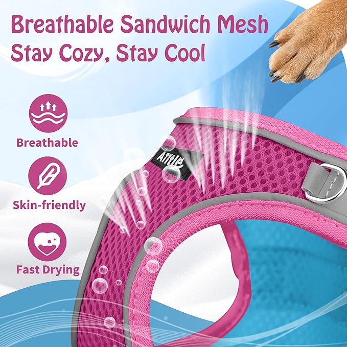 AIITLE Dog Harness, No-Pull Cat Harness with a Leash, Adjustable Reflective Dog Vest, Cat Harness Escape Proof, Outdoor Walking, Running,Training for Extra Small Dogs and House Cats Hot Pink XXXS