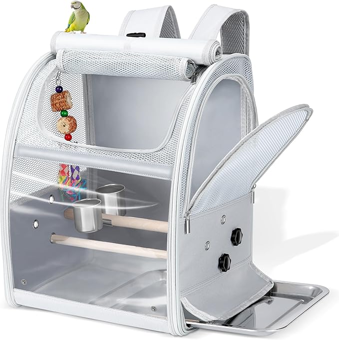 Sanmoncare Bird Carrier Backpack with 2 Adjustable Perches, Water-Repellent Parrot Travel Cage with Stainless Steel Tray, Breathable Pet Carrier for Cockatiels, Conures and Vet Visits