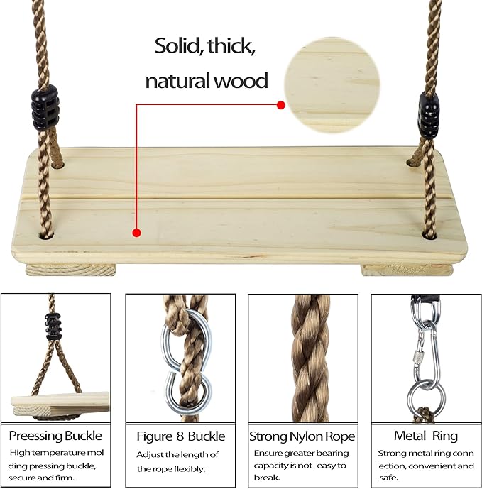 Wooden Swing Seat, Nostalgic Outdoor Wood Swing for Kids , Tree Straps Set Accessories for Backyard Patio Garden Playground, Height Adjustable (Raw wood)