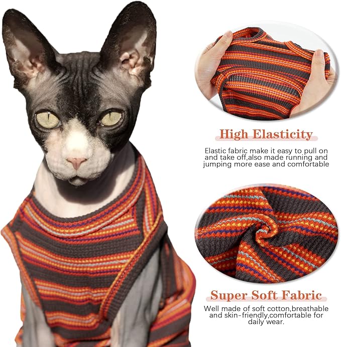 BRKURLEG Sphynx Hairless Cats Shirt Puppy Clothes Soft Cotton T-Shirts Cute Cats Pajamas Cat Stripes Vest Pet Sweater, Round Collar Vest Kitten Shirts(Red Stripes, M)