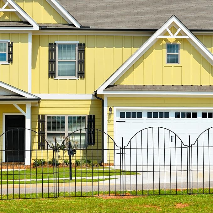 Decorative Metal Garden Fence with Gate Lock 5 Panels, 24in (H) x 10ft (L) No Dig Dog Fence Outdoor for Yard, Temporary Rustproof Metal Wire Rabbit Dog Garden Border Fencing for Patio