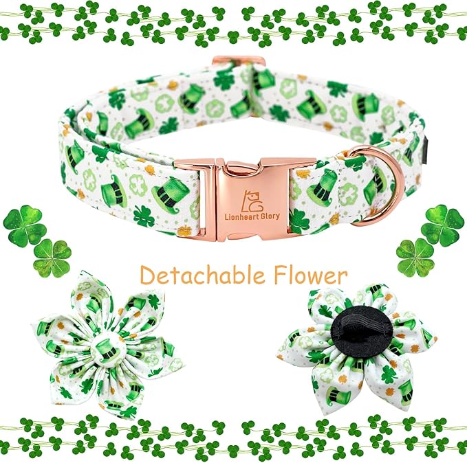 Lionheart glory St. Patrick's Day Dog Collar with Flower Dogs Collar,Soft Green Lucky Clover Shamrock Dog Collars Flower for Medium Dogs Puppy Soft Collars Bows Heavy Duty