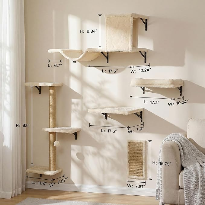 MEWANG 5-in-1 Cat Wall Shelves: Cat Climbing Furniture with Wall Mounted Perch & Lounge for Indoor Cats, Space-Saving Wall Pet Shelves for Play & Rest - Beige