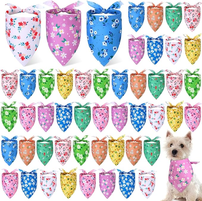 Weewooday 50 Pcs Spring Dog Bandanas Bulk for Dogs Soft Bibs Adjustable Triangle pet Bandana for Small Medium Large Costume(Floral Pattern, 19.7 x 13.8 x 13.8 Inch)