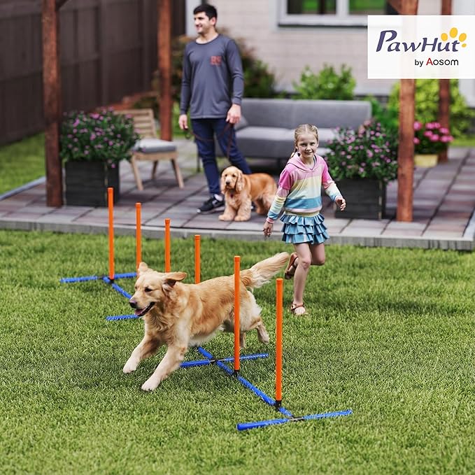 PawHut Adjustable Dog Agility Training Equipment, Dog Agility Course Backyard Set with Weaves Poles, Carry Bag and Ground Stakes for Pet Park Games Exercise