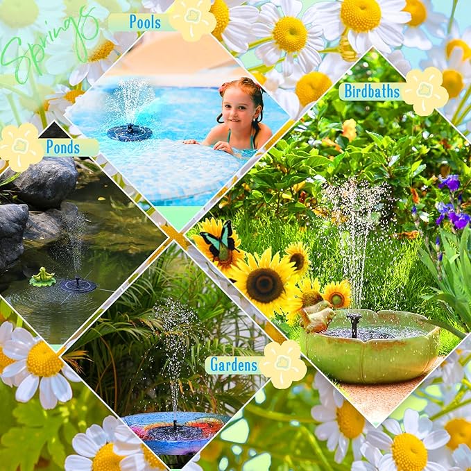 AMZtime Solar Water Fountain, Upgraded Solar Bird Bath Fountains with 6 Nozzles, Free Standing Floating Solar Powered Water Fountain Pump for Bird Bath, Garden, Pond, Pool and Outdoor