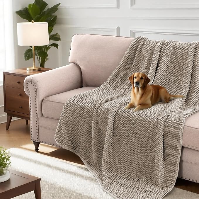 H.VERSAILTEX Plush Chenille Couch Cover for Dogs Pets Blanket for Bed Anti-Slip Soft and Durable Furniture Protector for Small Medium Large Cats Washable (52" x 82", Taupe)